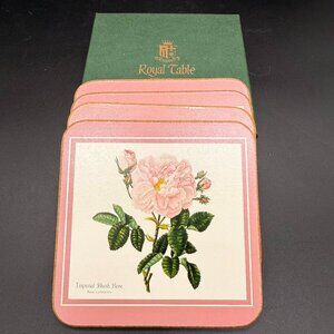 Vintage Royal Table Set of 4 Pink and Green Floral Cork Coasters Made in England